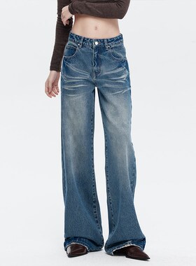 EMPTY PAGE蓝色复古水洗阔腿牛仔裤猫须做旧纹理休闲长款