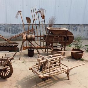 老旧农具农耕木耙木犁独轮手推车风车农村民俗怀旧老物件摆件道具