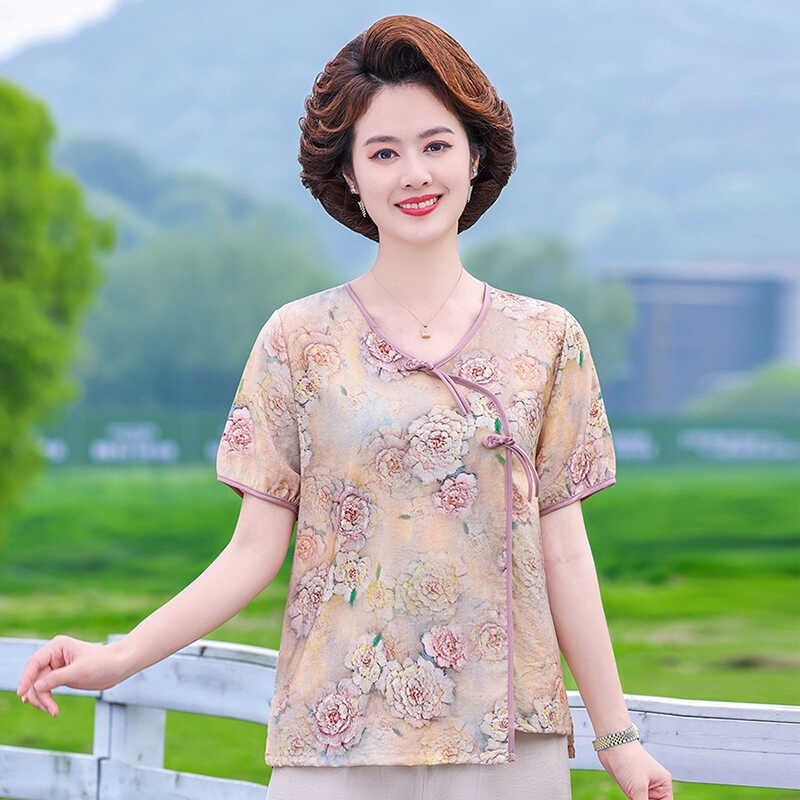国风妈妈夏季洋气小衫2024新款短袖上衣服遮肚中老年女式时尚t恤,女装/女士精品,中老年女装,淘宝优惠券,粉丝福利购,淘宝优惠卷