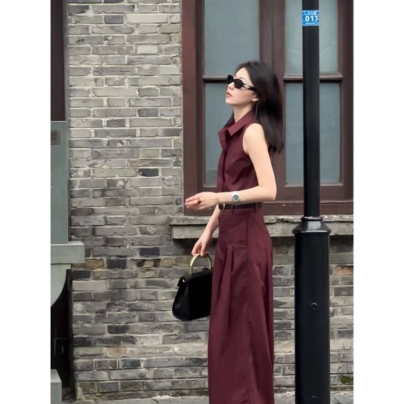 高级感冷淡风法式领无袖衬衫高腰气质阔腿裤时尚洋气套装