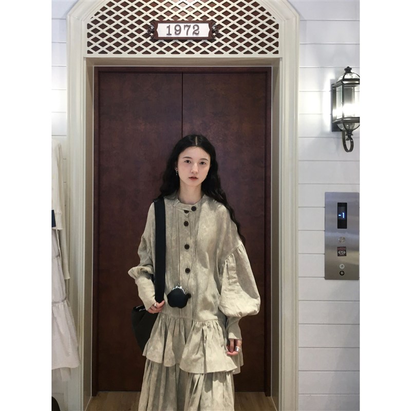 侘寂风日杂连衣裙女春秋假两件荷叶边拼接蓬蓬蛋糕衬衫裙叠穿裙子