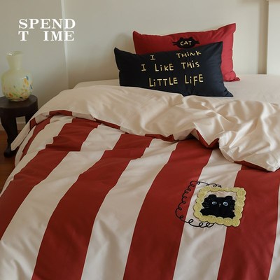 花时间生活卡通撞色条纹小猫贴布绣纯棉床品长绒棉贡缎床单四件套