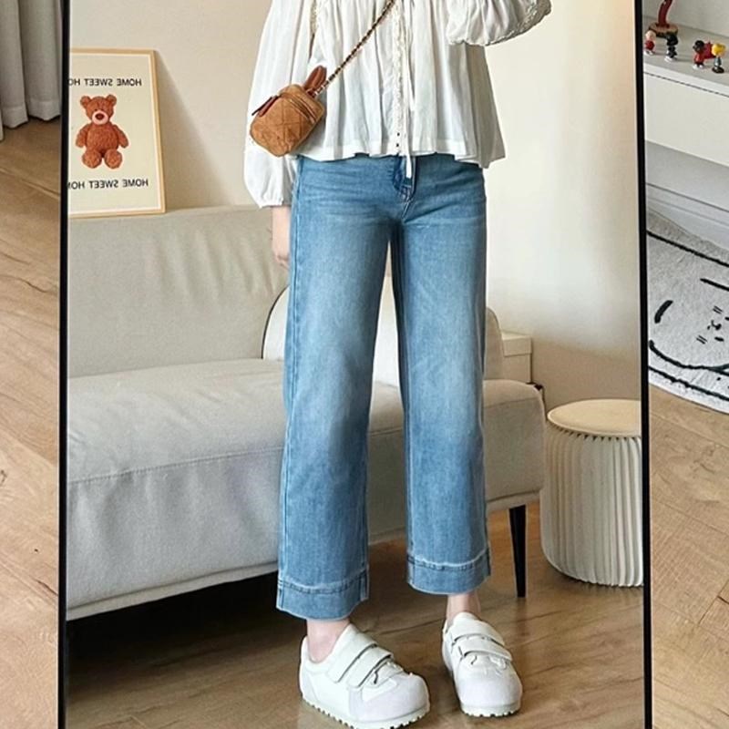梨形身材九分复古直筒牛仔裤女春新款胖mm梨形身材高腰窄版阔腿裤