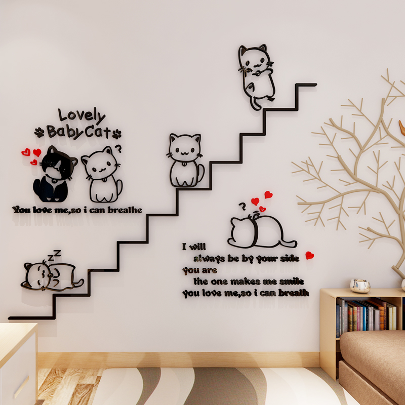 卖萌猫3d立体墙贴亚克力创意水晶贴画客厅卧室儿童房背景墙面装饰图片