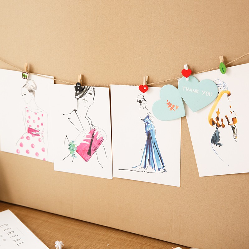 照片墙图钉夹子照片木夹饰品50夹便条照片夹拍立得木盒麻绳相片夹