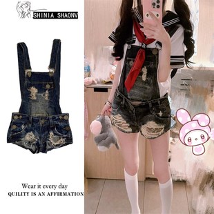 y2k亚萌少女古着水洗磨破牛仔背带短裤 女设计感两穿收腰连体短裤