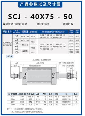 标准可调型气缸SCJ32-4l0-50-63X25X50X75X100X125X150X175X200X3