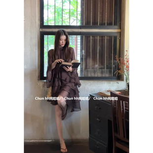 法式长袖连衣裙女春季性感纯欲气质高级感不规则特别漂亮中长裙