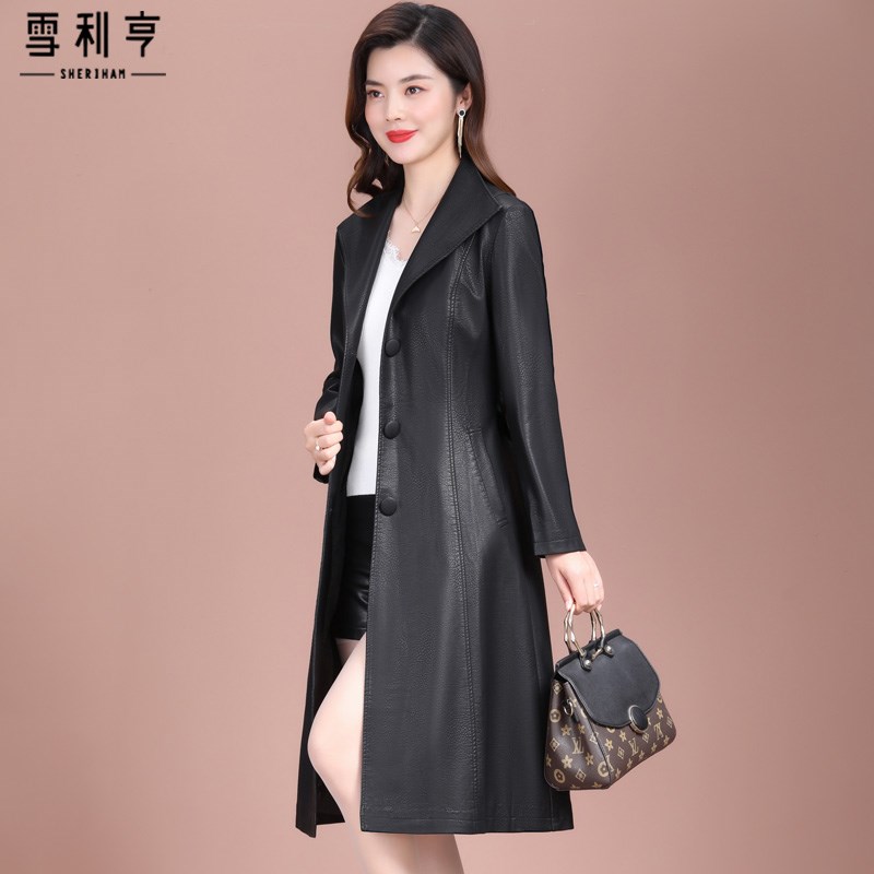 好货2025秋季新款中长款风衣外套时尚气质女士皮衣过膝显瘦外套妈