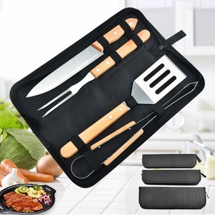 BBQ烧烤工具组合户N外家用不锈钢叉铲夹跨 布袋河木柄烧烤具套装