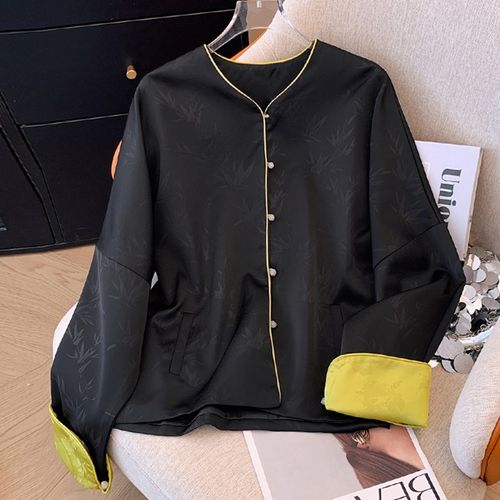 速发新中式国风黑色长袖古花提套v领开衫外搭复外上衣