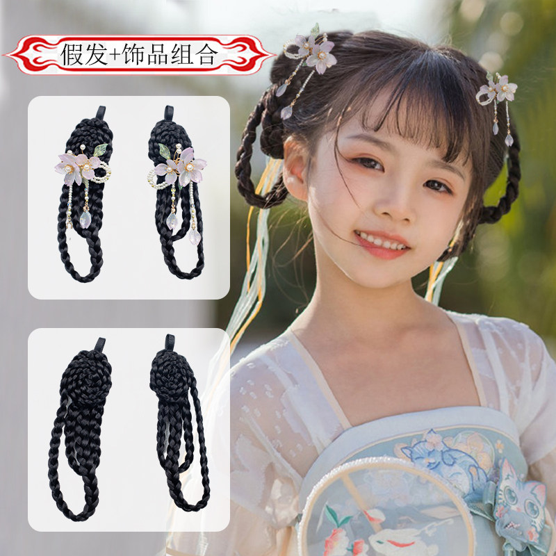 现货假发儿童古风侧挂发髻女童可爱古代发型盘U发辫子搭配饰品
