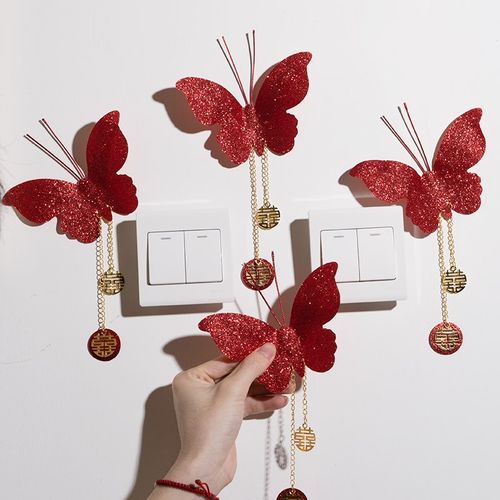 速发体房装饰布客结婚开关贴喜字贴立婚红色蝴蝶挂件新房卧室置厅