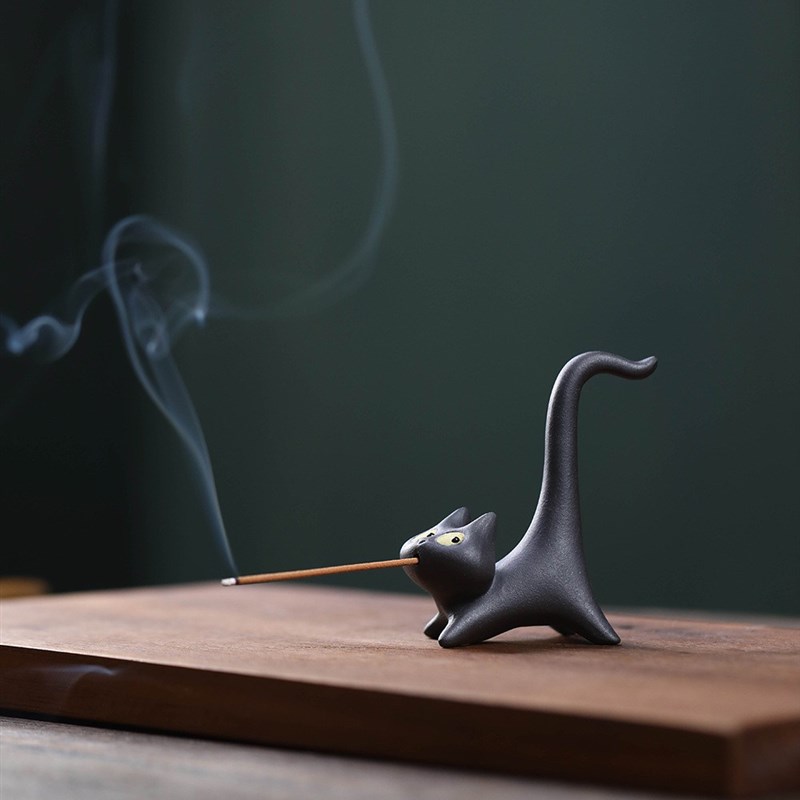 速发宜兴紫砂茶宠【小黑猫】手工创意雕塑招财小猫小摆件潮玩可养