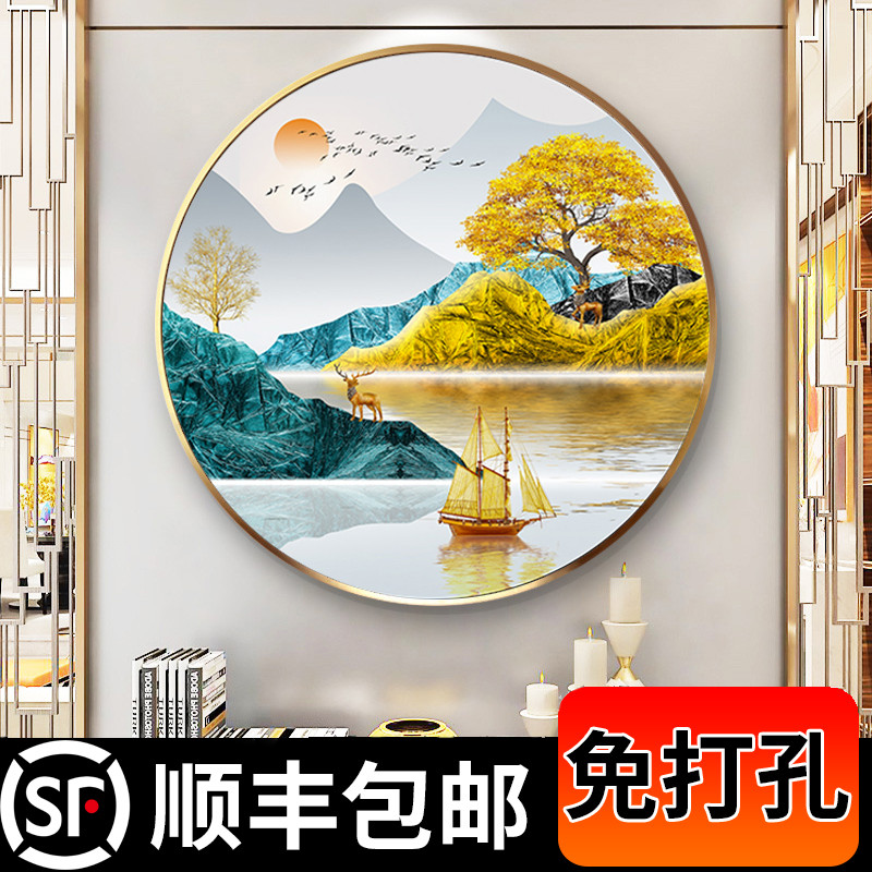 速发餐厅装饰画圆形壁饭走廊入户过道墙面轻奢石头玄画氺关厅单幅
