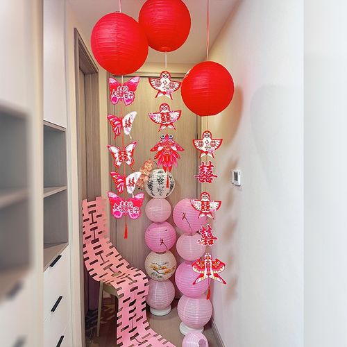 速发新品灯花喜字拉笼挂饰男方婚房装饰婚房客厅新礼窗帘拉花