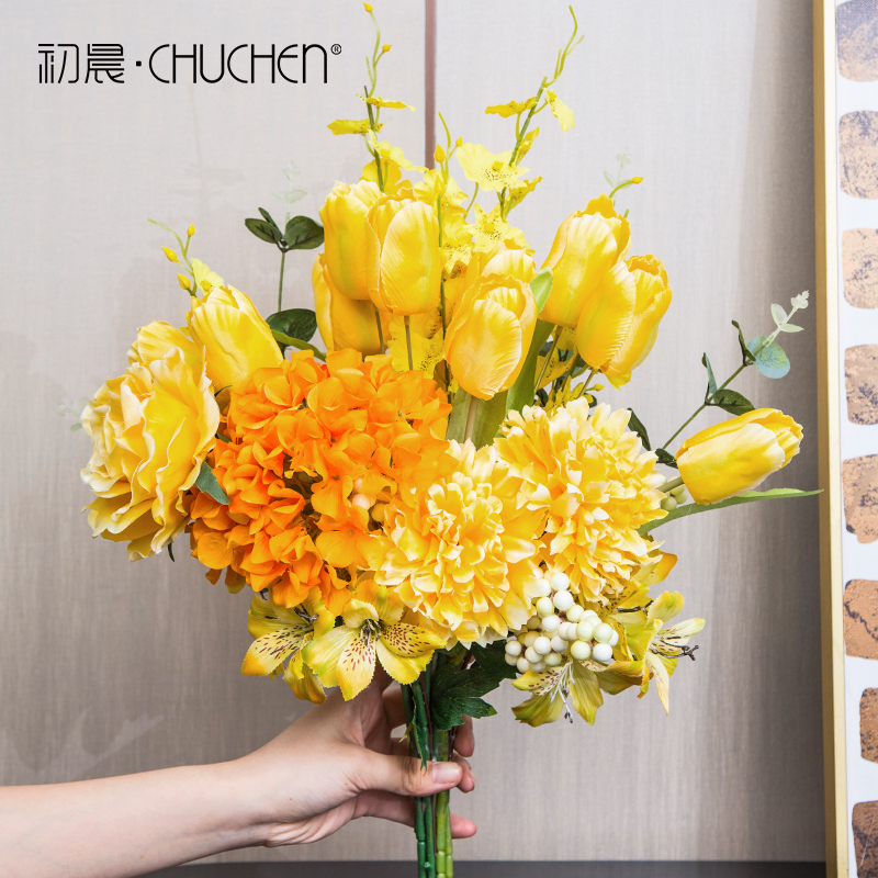 速发轻奢花艺客厅餐桌套束花假装绢花创意玫瑰干花装饰品摆件