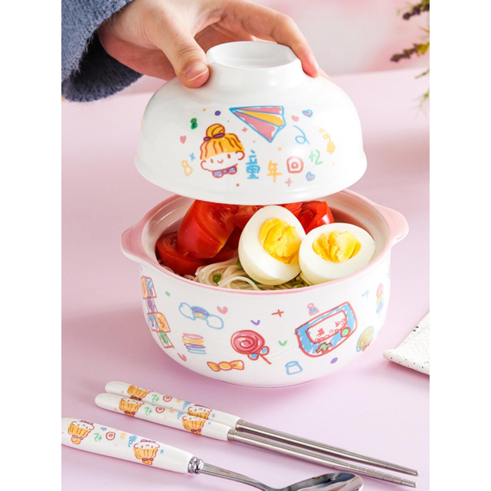泡面碗带盖日系陶瓷带把手饭碗宿舍用学生泡面神器可爱一人食餐具