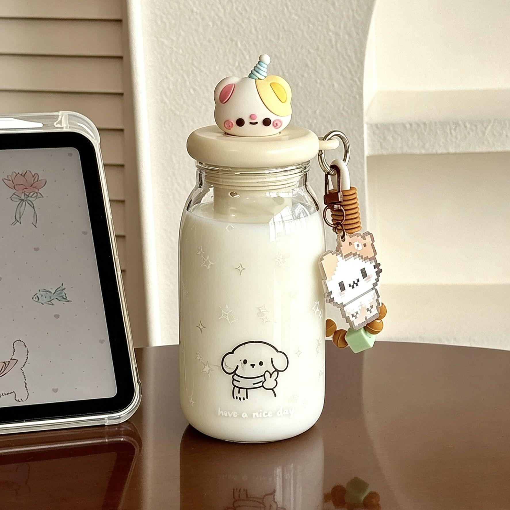 可爱小熊玻璃杯女生高颜值吸管水杯便携牛奶杯子学生夏日女孩礼物