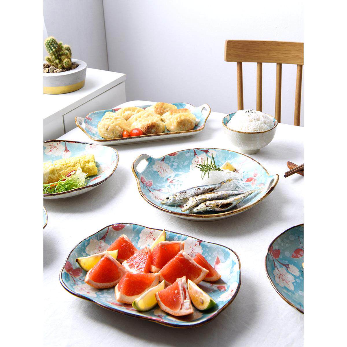 创意日式复古陶瓷碗盘碟子单个组合餐具乔迁新居盘子双耳圆盘菜盘