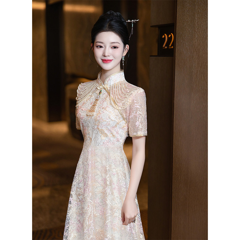 速发新中式订婚礼敬裙改良香槟回日常旗袍服酒服新娘结婚衣服色门