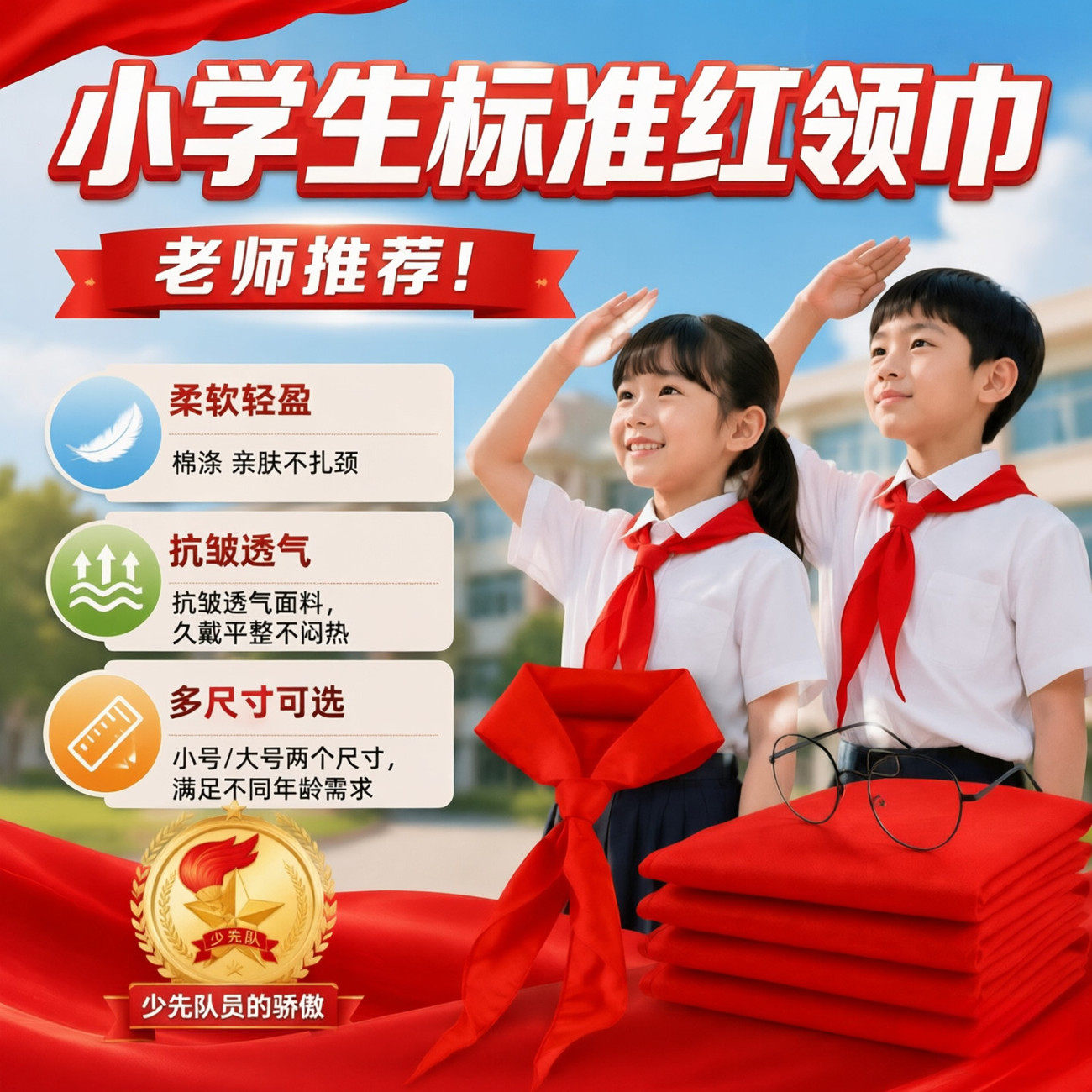 开学用品学生红领巾速干抗皱统一标准不掉色红领巾学生红领巾加厚