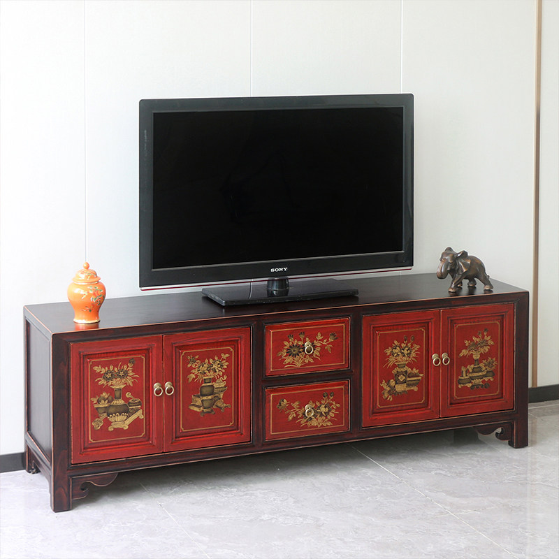 复古典中式卧室电视柜实木矮柜描金手绘轻奢客厅组合怀旧榻榻米柜