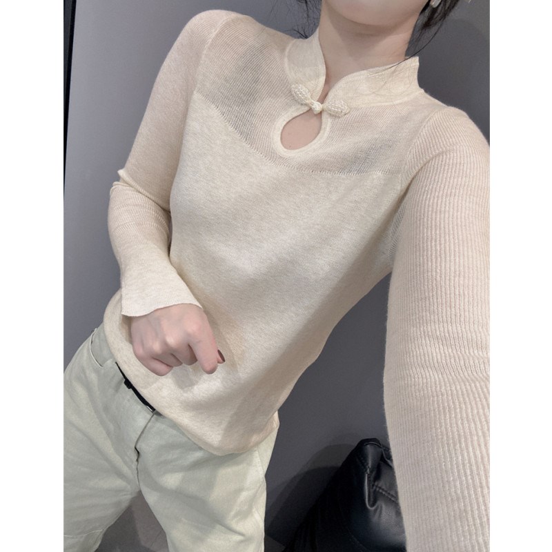 新中式盘扣针织衫长袖女秋装新款修身内搭毛衣打底衫立领镂空上衣