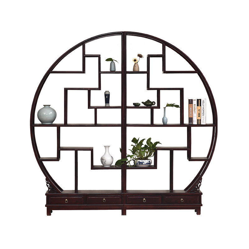 双半圆博古架实木中式仿古多宝阁园形玄关隔断置物架客厅摆件
