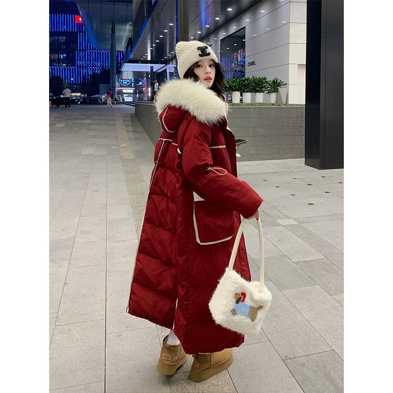 胖mm大码女装红色大毛领棉服女冬季加厚长款过膝连帽面包服外套女