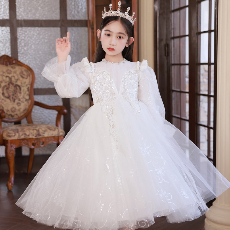 女童礼服高端秋冬季主持人钢琴演奏花童婚礼小女孩白色儿童公主裙