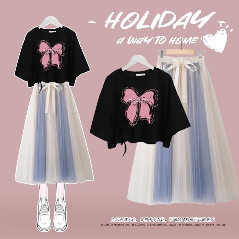 大童夏季新款蝴蝶结短袖T恤13岁15女孩16高中学生网纱半身裙套装,童装/婴儿装/亲子装,半身裙,淘宝优惠券,粉丝福利购,淘宝优惠卷