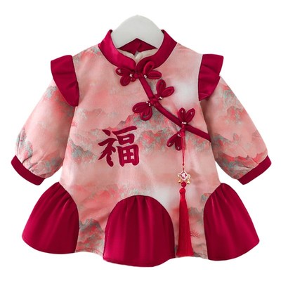 女童连衣裙秋冬款加绒婴儿童旗袍一周岁礼服女宝宝汉服生日公主裙