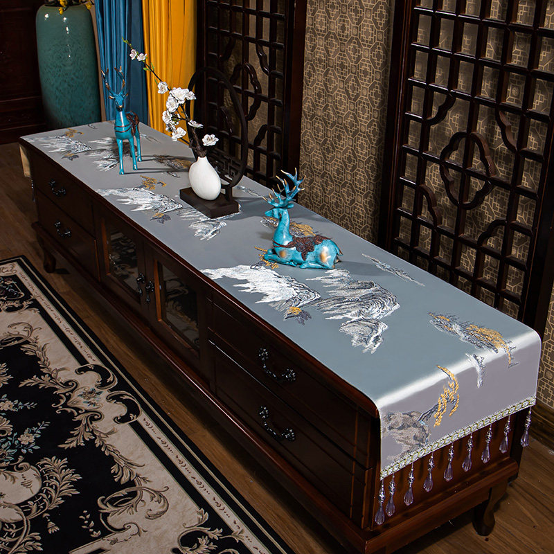 中式电视柜盖布中国风桌布防水放油免洗餐桌垫布艺长方形家用桌旗
