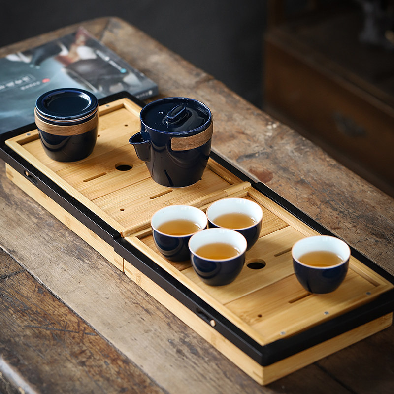 凌胜旅行茶具便携式小套功夫茶具套装快客杯一壶四杯简约收纳竹盘