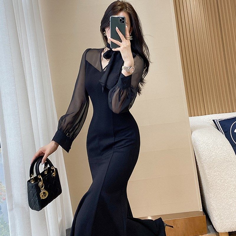 法式高级感黑色气质连衣裙2024秋季新款宴会礼服长款鱼尾裙1921