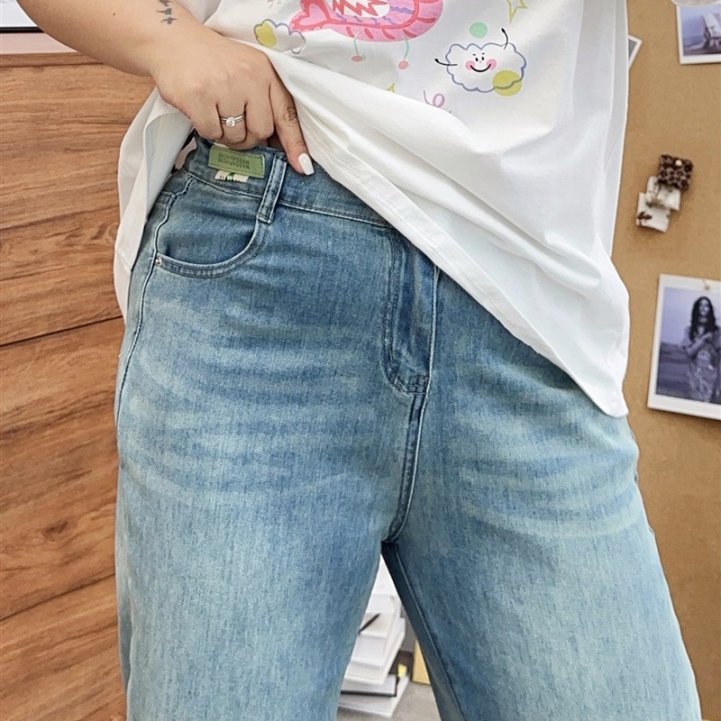 宛宛大码胖MM弹力牛仔裤子女新款2024夏季小个子九分裤直筒裤