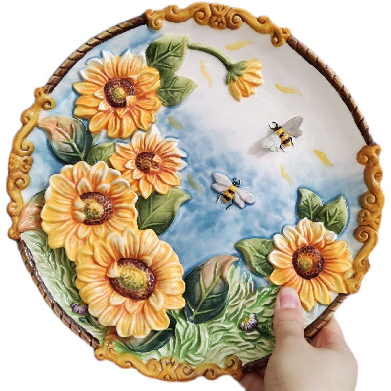 方亚陶瓷向日葵10寸挂盘摆盘装饰看盘精品手绘瓷盘家居装饰摆设
