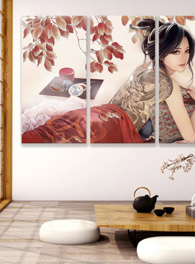 日式挂画酒店浮世绘玄关三联壁画餐厅纹身店美女壁画刺青装饰画