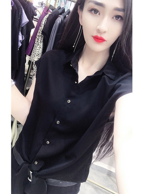 夏季新款时尚百搭蝴蝶结短袖衬衫女宽松显瘦雪纺衬衣小个子上衣潮