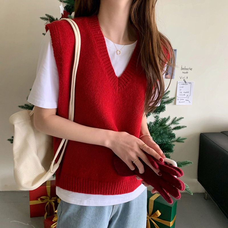 圣诞节大红色无袖毛衣背心针织马甲女秋冬2022新款V领学院风外穿