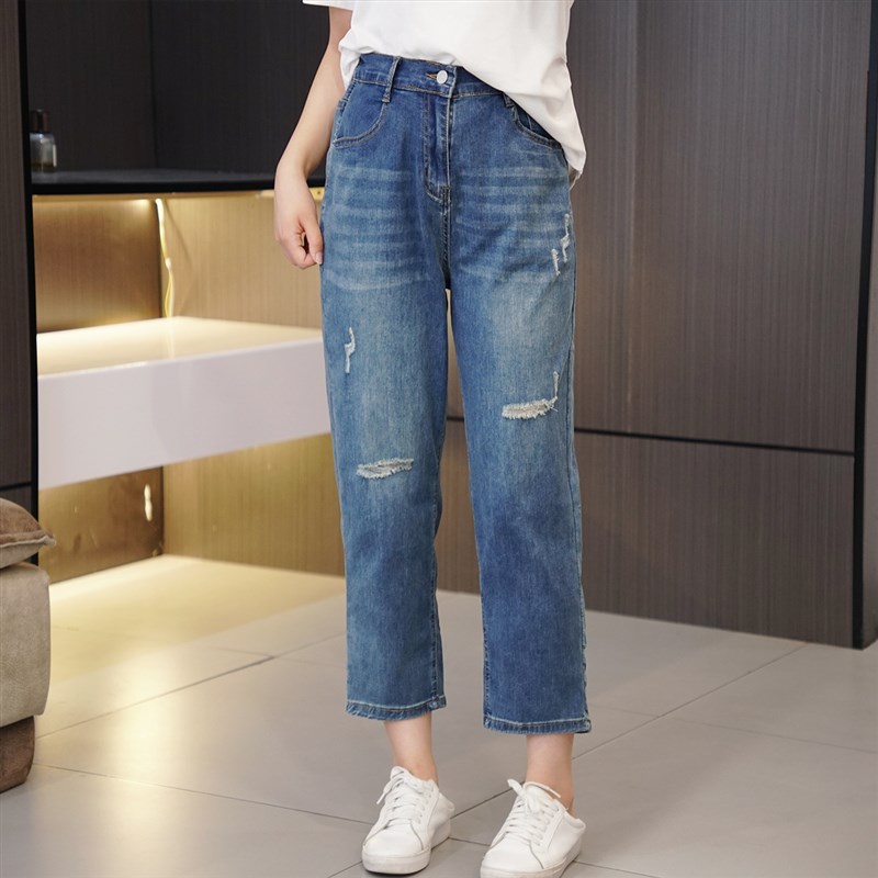 夏季薄款大码高腰破洞哈伦牛仔裤 200斤胖妹妹百搭显瘦弹力八分裤