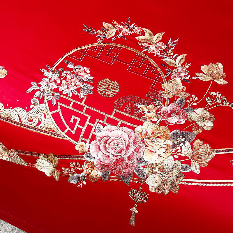 梦兰全棉四件套婚庆套件新品大红色喜庆六件套2024新款绣花结婚