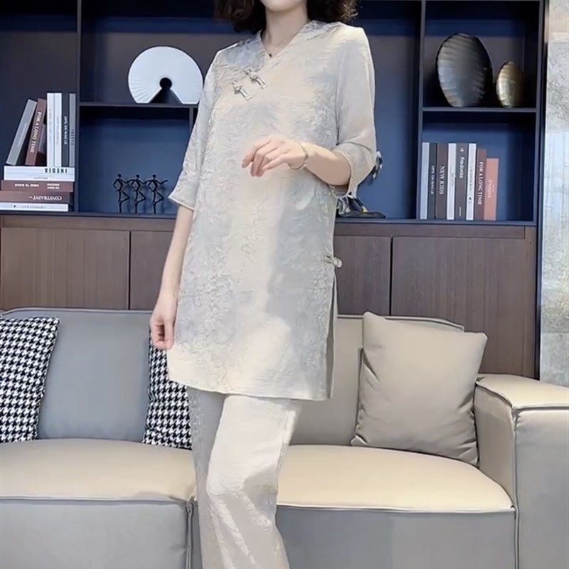 高级感职场气质盘扣套装女2023年夏季新款旗袍风长衫裙小脚西装裤