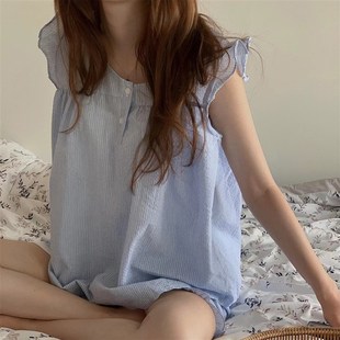 慢慢夏日 淡蓝色条纹家居服套装 上衣+短裤 可爱少女纯棉睡衣
