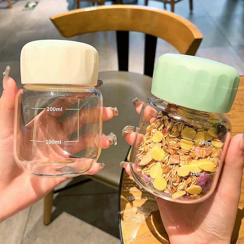 速发玻璃杯豆携水杯高颜值带盖迷你透明便浆牛奶小杯子高硼硅胖胖