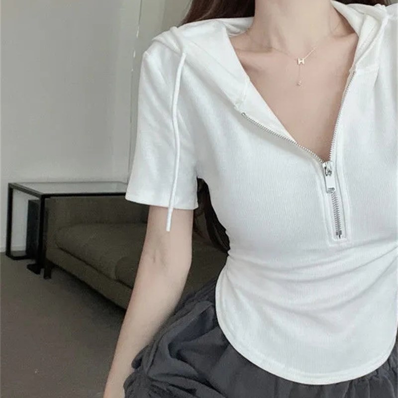 速发纯众甜妹辣不规则短款连帽拉链上衣设计感小欲白色t恤夏