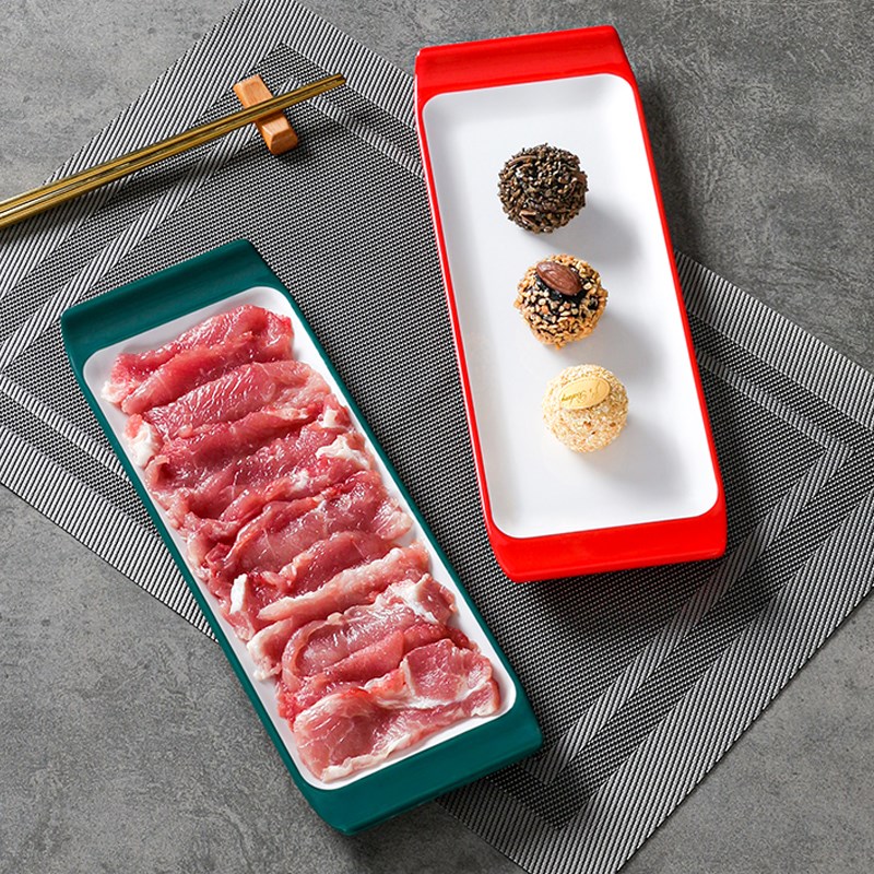 速发密胺双色盘子长方形烤肉火锅店瓷菜盘仿配牛肉盘塑料碟子餐具