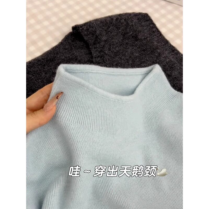 速发软f打fu奶蓝色小立领长袖衣织衫毛针u底上衣半高领内搭