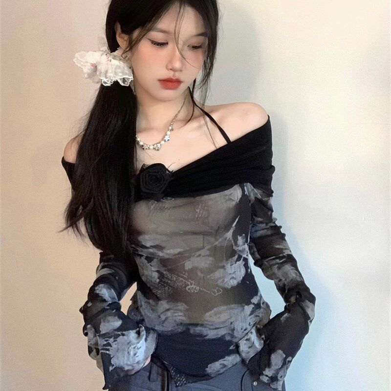 速发甜酷辣妹一字肩印花T恤初秋ch短款长袖网纱黑色挂颈上衣